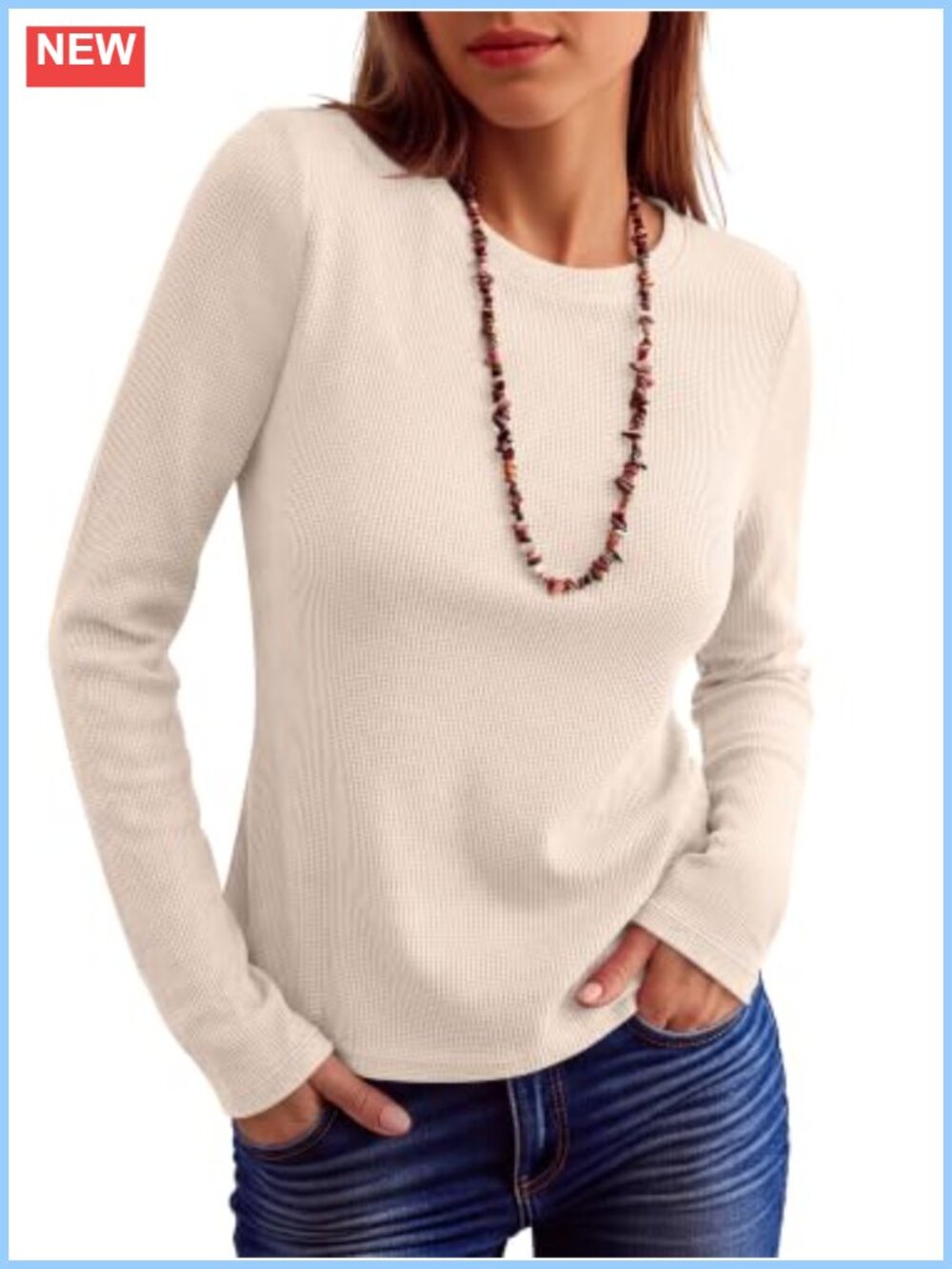 Waffle Knit Long Sleeve Slim Fit Crew Neck Casual Top